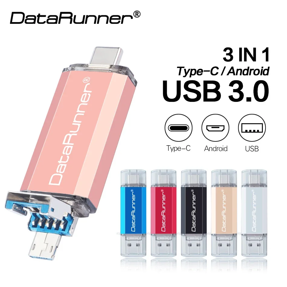 

USB флеш-накопитель DataRunner OTG 3 в 1, USB 3,0, Type C и Micro USB, флеш-накопитель 32 ГБ, 64 ГБ, 128 ГБ, 256 ГБ, 512 ГБ, флеш-накопитель для смартфона