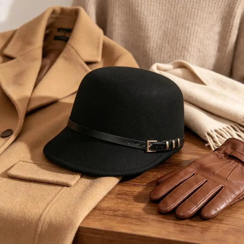 Herbst-Winter-Gürtelschnallen-Reiterhut für Damen, Britischer Retro-Stil, Schwarzer Ritterhut, Gesichtsverkleinernde Modische Mütze – Detail 5