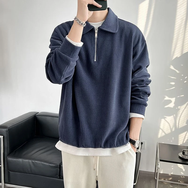 Fall Corduroy Long Sleeve Men Polo T Shirts Casual Harajuku Fashion Oversized Pullovers White Black Grey Hip Hop Punk Streetwear