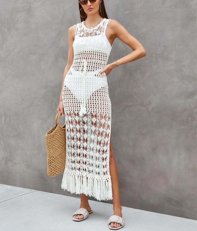 

Women's Sexy Sleeveless Backless Long Tassel Knit Dress Beach Crochet Bikini Cover-Up Summer Swimwear Hollow out Tunic