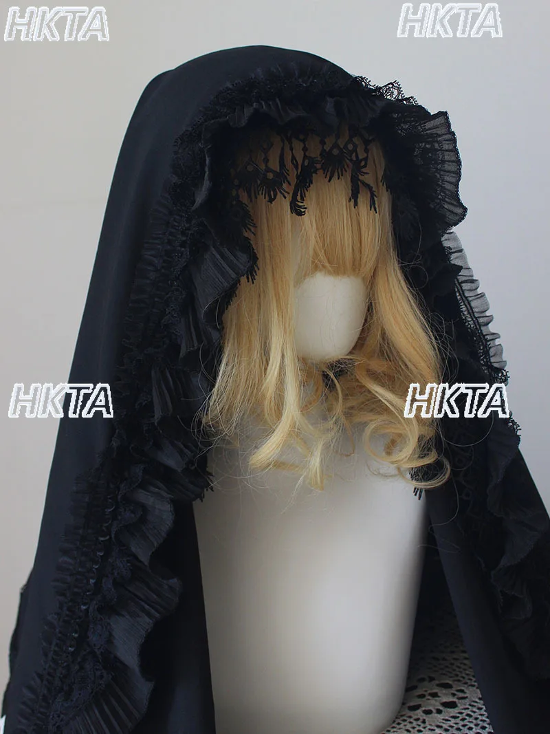 Abito Lolita Scuro Elegante Foulard Accessori per capelli Donna Splendido pizzo Nero Bianco Scialle Cofano Fasce Cosplay femminile