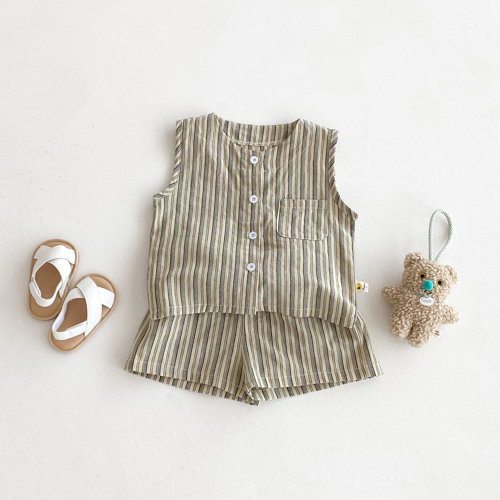 Summer Boys' Set, New Style, Cool and Trendy Sporty Vest and Shorts, Baby Striped Sleeveless Two-Piece Set