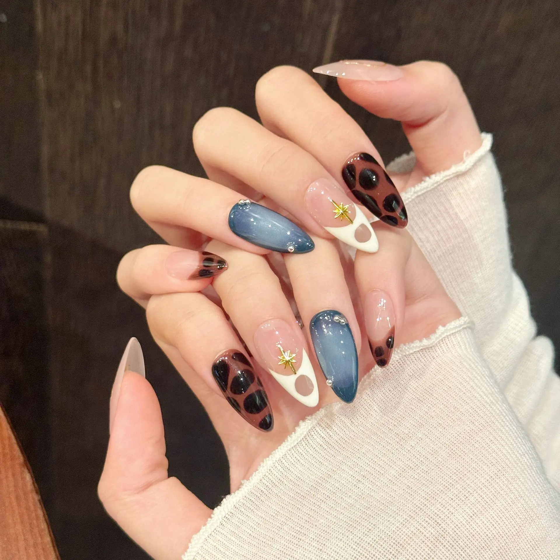 10pcsHandmade Almond French Press On Nails Leopard Print Design Y2K Sweet Cool Fake Nails Wearable Nails Art Tip Girl Spice Girl