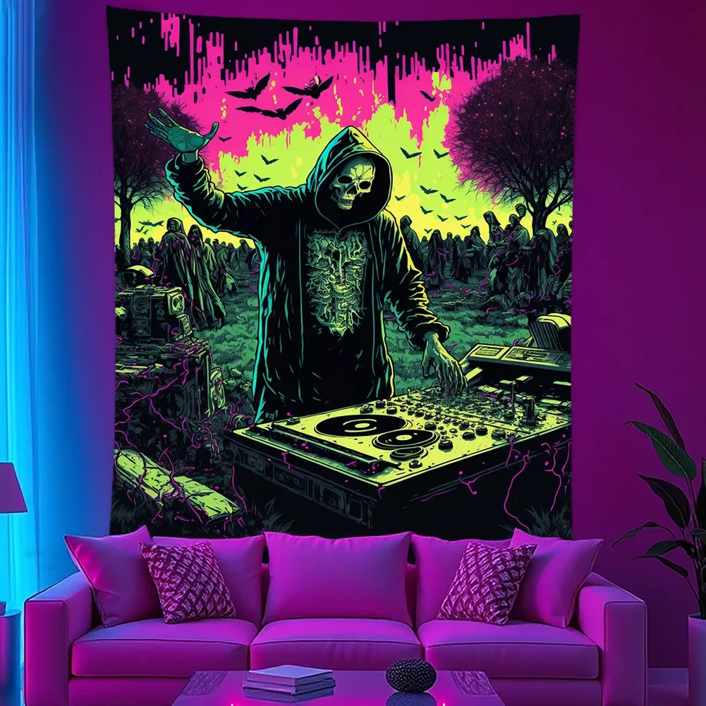 VIKAMA Blacklight Skeleton DJ Music Tapestry UV Reactive Neon Wall Hanging Trippy Party Cool Room Decor