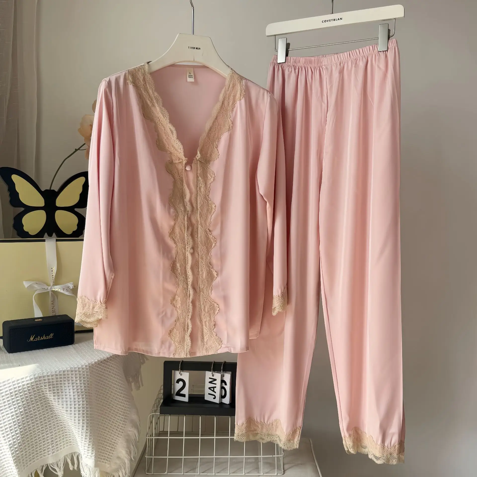 

Women Sexy Sleepwear Satin Pyjamas Silky 2 Piece Pajamas Set Loungewear Casual Solid Nightwear Shirt&Pants Spring New Bathrobe