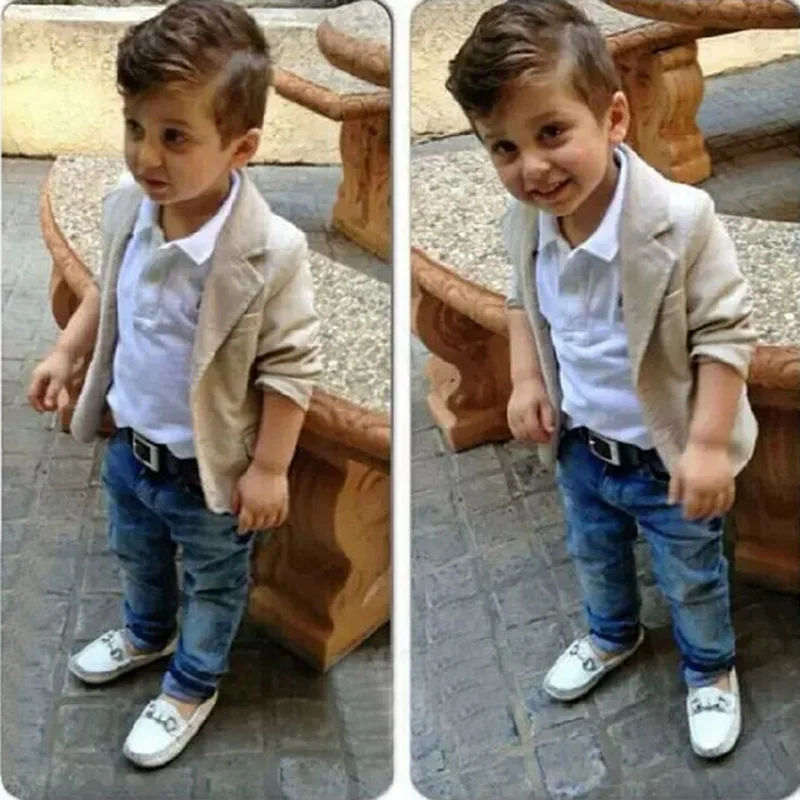 

3Piece Spring Fall Baby Sets Boys Boutique Clothing Fashion Casual Solid Long Sleeve Coat+White Tops+Jeans Toddler Clothes BC445