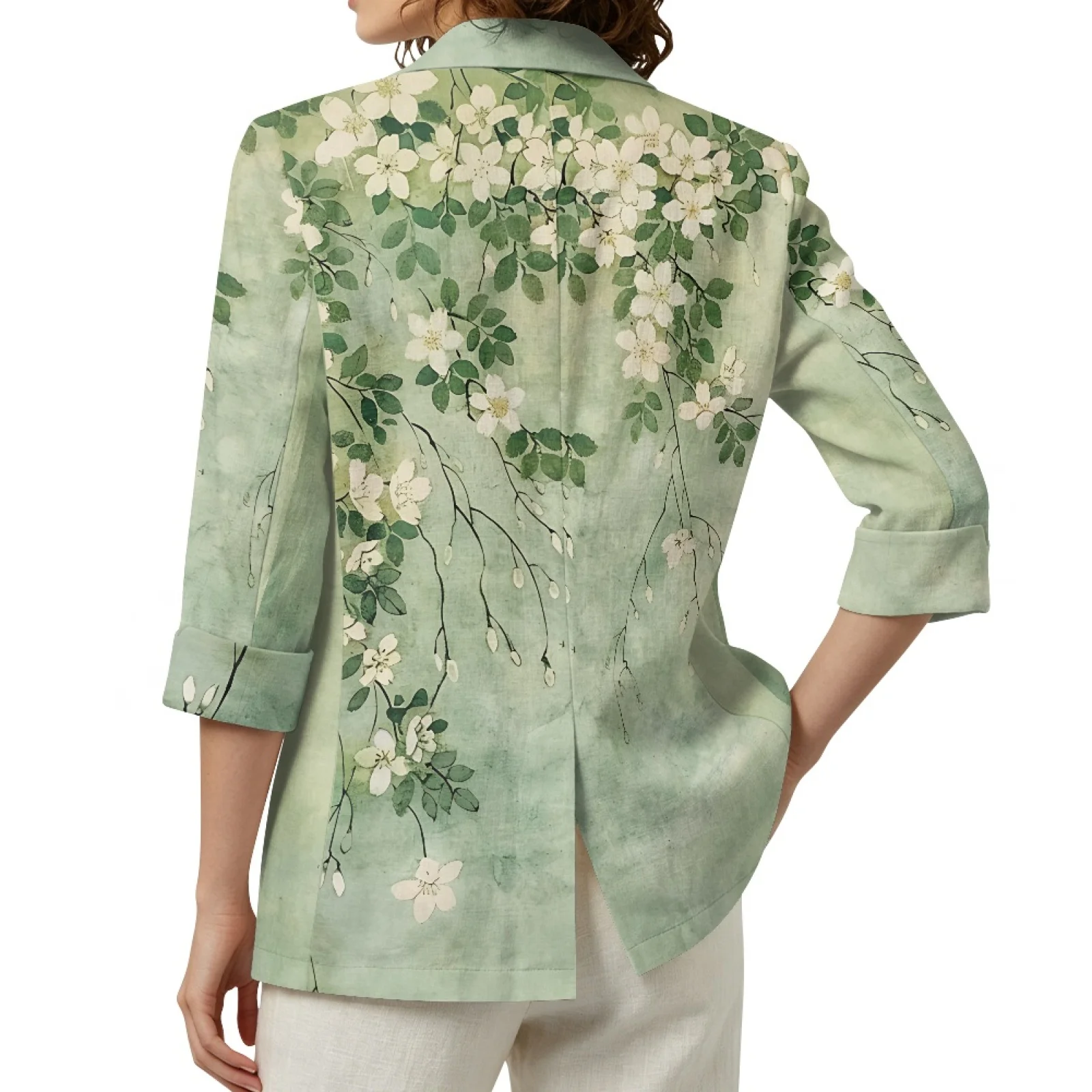 PENSTROLL Green Floral Branch Linen Like Open Front Cardigan for Daily Breathable Cardigans Beach Cardigan view 2