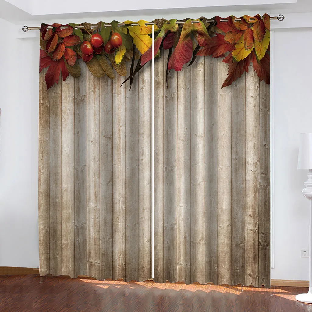 HUANZHUANG Curtains For Houses Rooms Vintage Wood Grain Red Leaves Curtains Living Room Drapes Window Curtains Bedroom