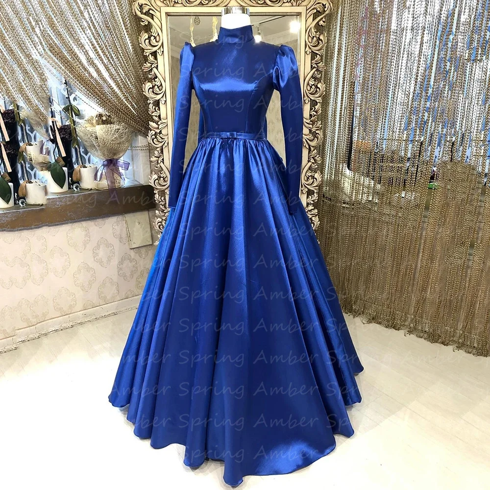 

2024 Hijab Muslim Evening Dresses Arabic Islamic High Neck Long Sleeves Royal Blue Wedding Guest Prom Gowns Modest Vestido De No