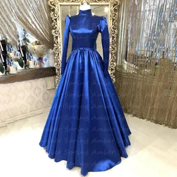 Customized Hijab Muslim Evening Dresses Arabic Islamic High Neck Long Sleeves Blue Wedding Guest Prom Gowns Modest Vestido De No