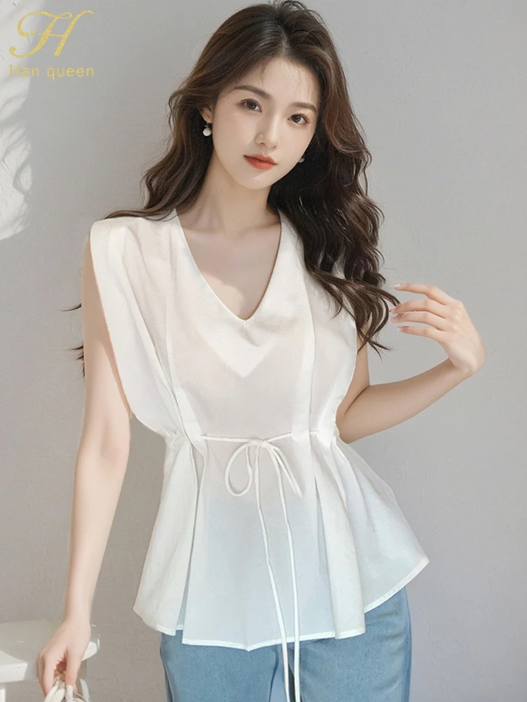 

H Han Queen Summer Tops Elegant Sleeveless Chiffon Women's Blouse Loose Casual Vintage Shirts Korean Reviews Many Clothes Girls
