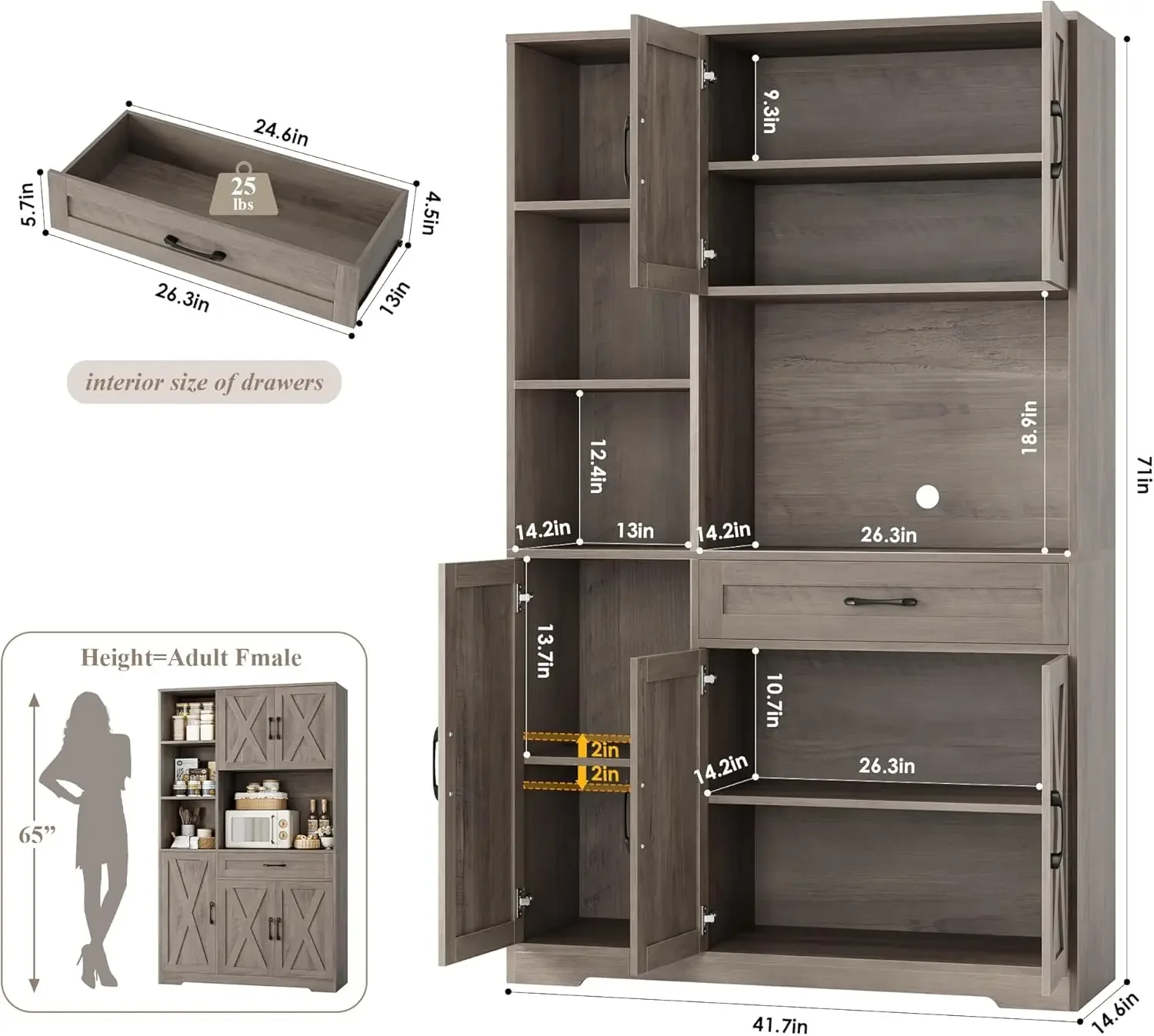 [عالية الجودة، صفقة ساخنة! ] خزانة تخزين مخزن المطبخ بطول 71 بوصة، خزانة مخزن طعام المزرعة مع حامل ميكروويف، أبواب الحظيرة