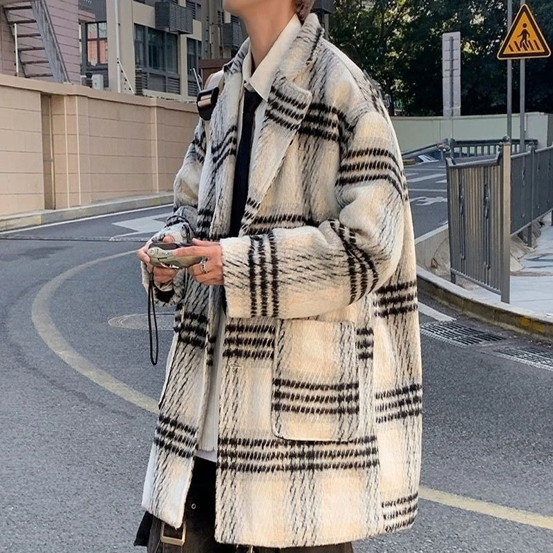 

Мужское шерстяное клетчатое пальто средней длины на осень-зиму, модное шерстяное пальто в корейском стиле для пар, популярная мода INS