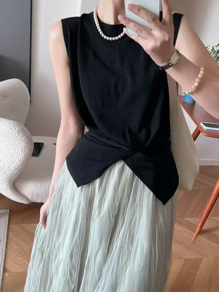 

Новинка лета: Женский вязаный топ без рукавов с круглым вырезом, тонкий, однотонный, универсальный, с перекрестным дизайном, свободного кроя, для повседневной носки