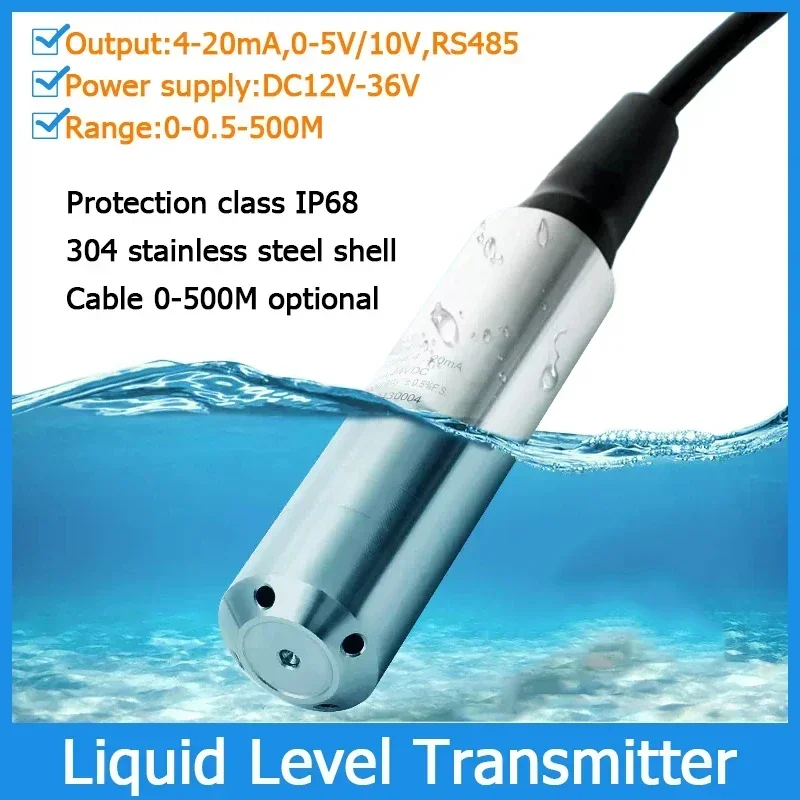 Liquid Level Transmitter 0-0.5M-500M Water Level Measurement 4-20mA 0-5V 10V RS485 Output Tank Pool Deep Well Water Level Sensor