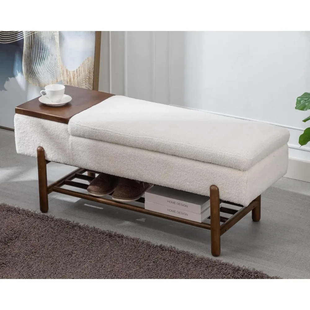 

Entryway Storage Bench for Bedroom Sherpa End of Bed Upholstered Ottoman Bench with Wood Shoe Storage/Coffee Table for Living R