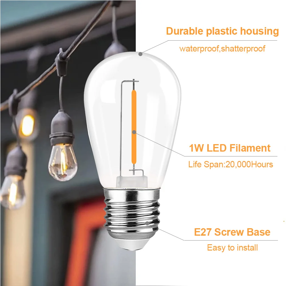 GANRILAND E27 S14 Plastic Bulbs Dimmable Led Filament Warm White 2700K 110V 220V Shatterproof Waterproof IP44 Outdoor Light Bulb