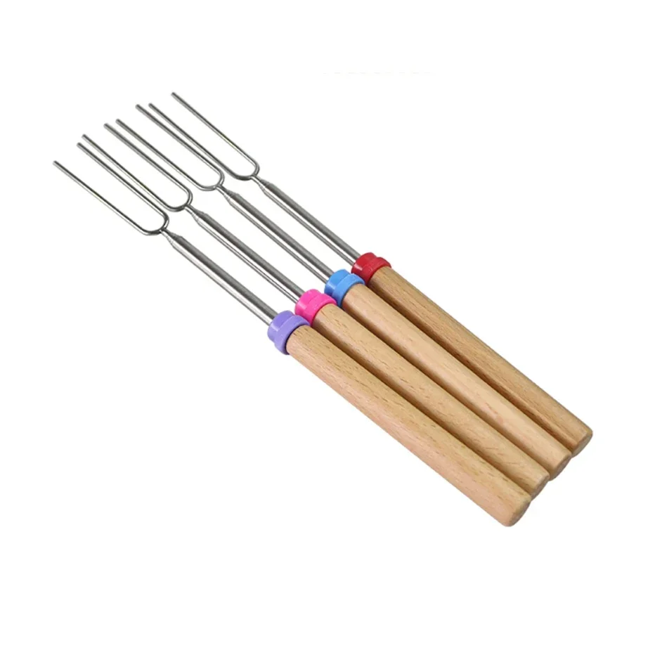 Basedidea U-Shape BBQ Sticks Wooden Handle Roasting Barbecue Forks Extendable Fork for BBQ 1PC