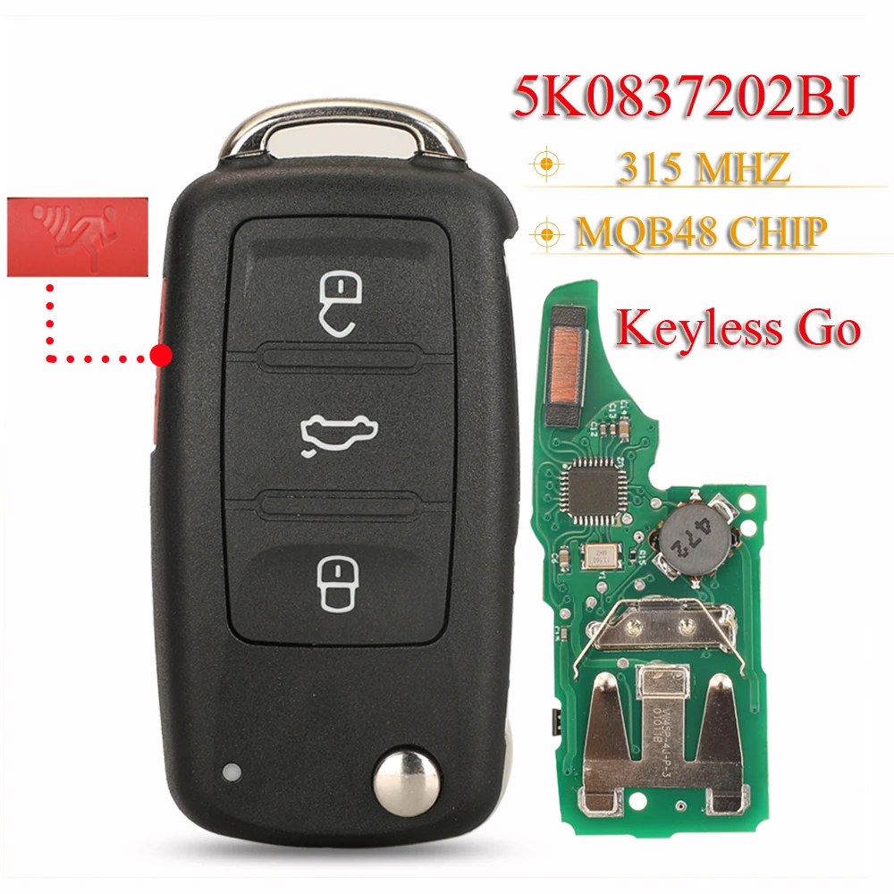 

jingyuqin Keyless Go 4Buttons Folding remote key 315MHZ Megamos AES MQB48 Chip For VW Volkswagen Pasajeros 2018 5K0837202BJ/AK