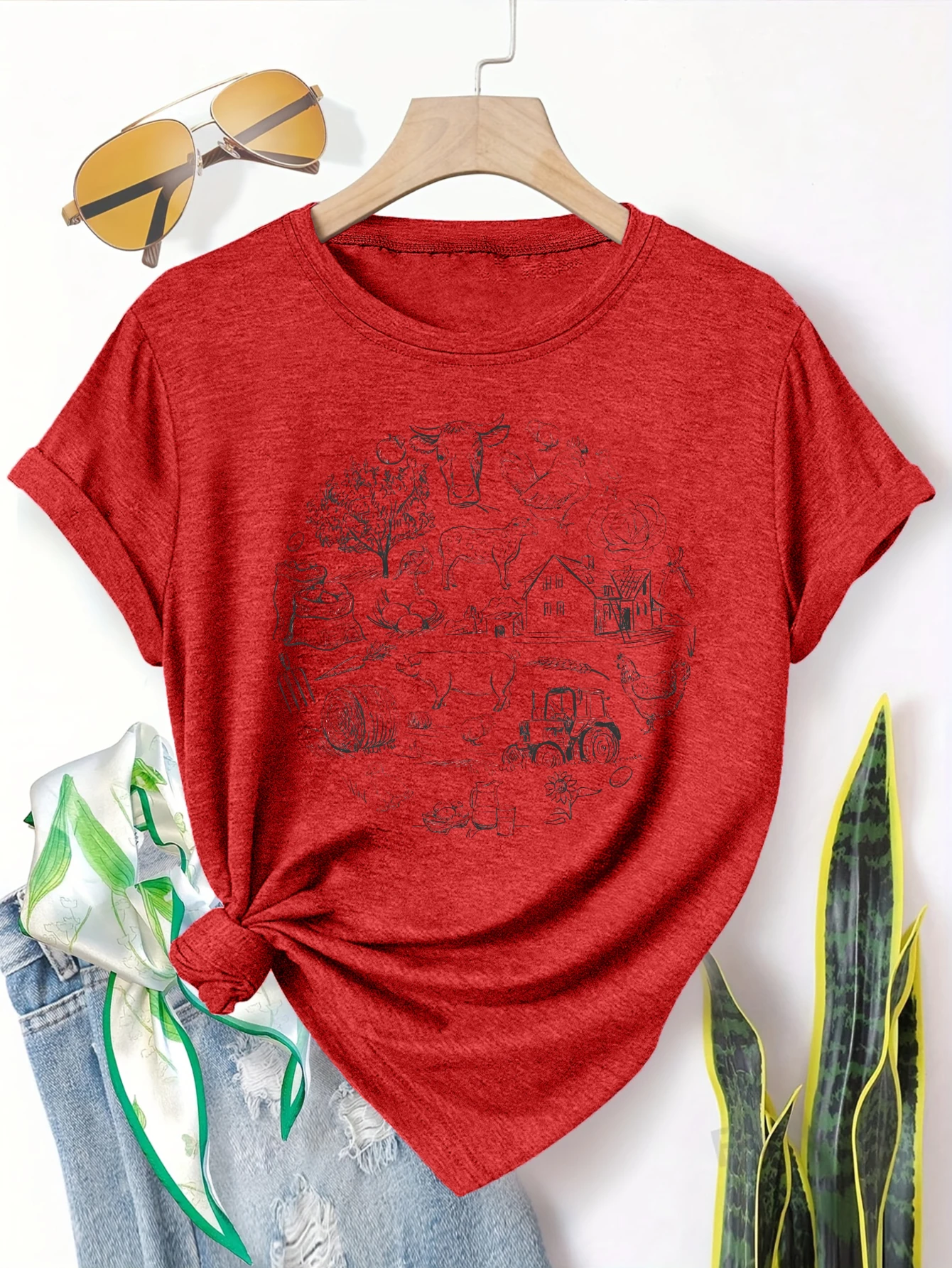 

Plus size women's short sleeve T-shirt Farm Animals House Tractor Tree Spring and Summer Essentials summer outfits women's