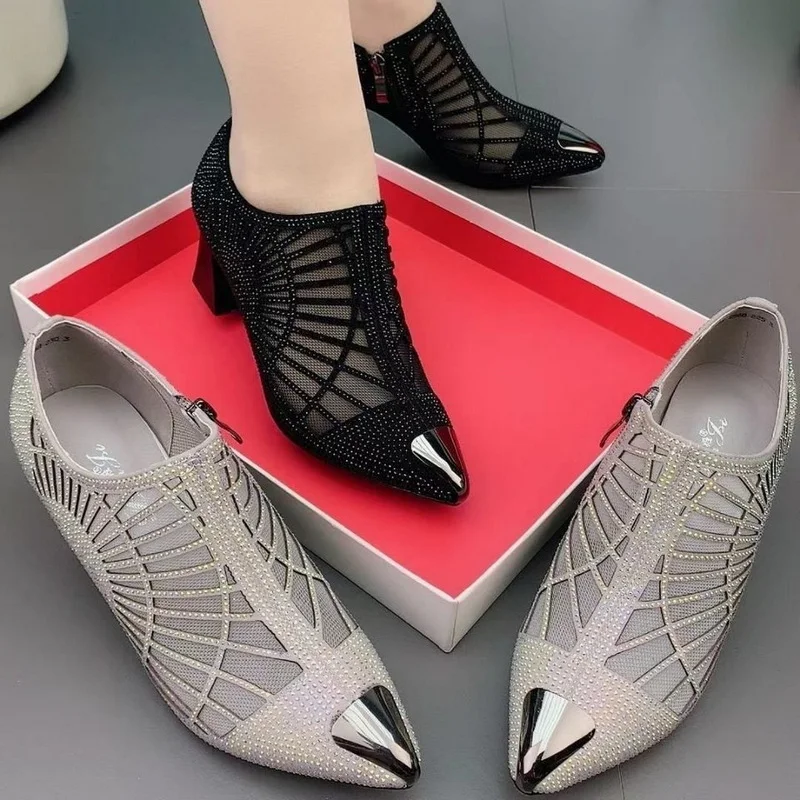 2023 Autumn Women Ankle Boots Sexy Hollow out Rhinestone Low Heel Dress Shoes Fashion Pointed Toe BLACK GREY Dropshipping