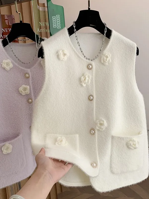 

3D Floral Print Color Blo Furry Vest Top Women's Faion Autumn 2025 Svel Tank Top Versatile Sle Regular Length