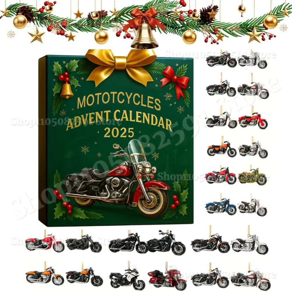 

Motorcycle Christmas Advent Calendar w/ 2D Acrylic Flat Pendant Ornament Countdown Calendars Xmas Gift Box For Kids/Moto Lovers