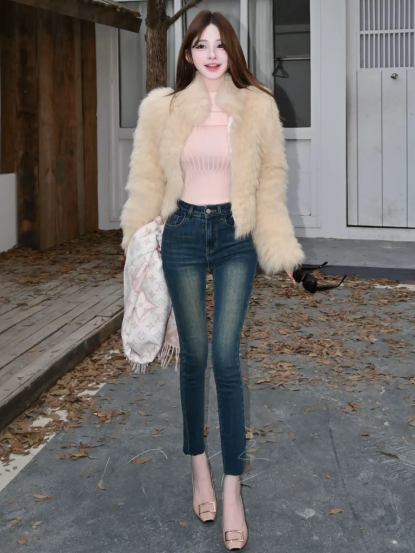 

Slim Fit High Waist Denim Jeans Women's Autumn Winter Waed Heavy Du Nine Points Cotton Elastic High Stretch Jeans