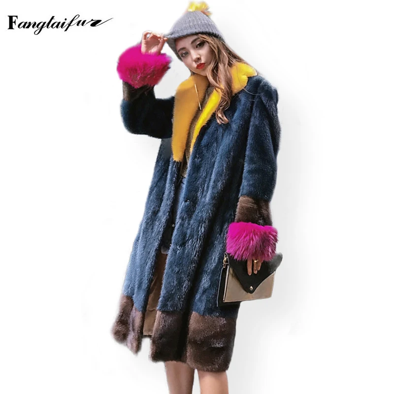 Futro z norek z importu zimowego Ftangaiur, aksamitne, kontrastowe, luźne płaszcze z norek damskie z naturalnym kołnierzem z prawdziwego futra norek