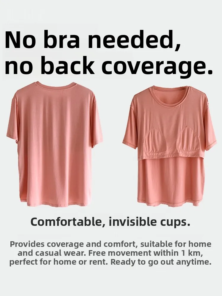 Summer Thin Short Sleeve Women's Sleepwear with Chest Pad Casual Loose Home Clothes Top round Neck Pullover Pure Color