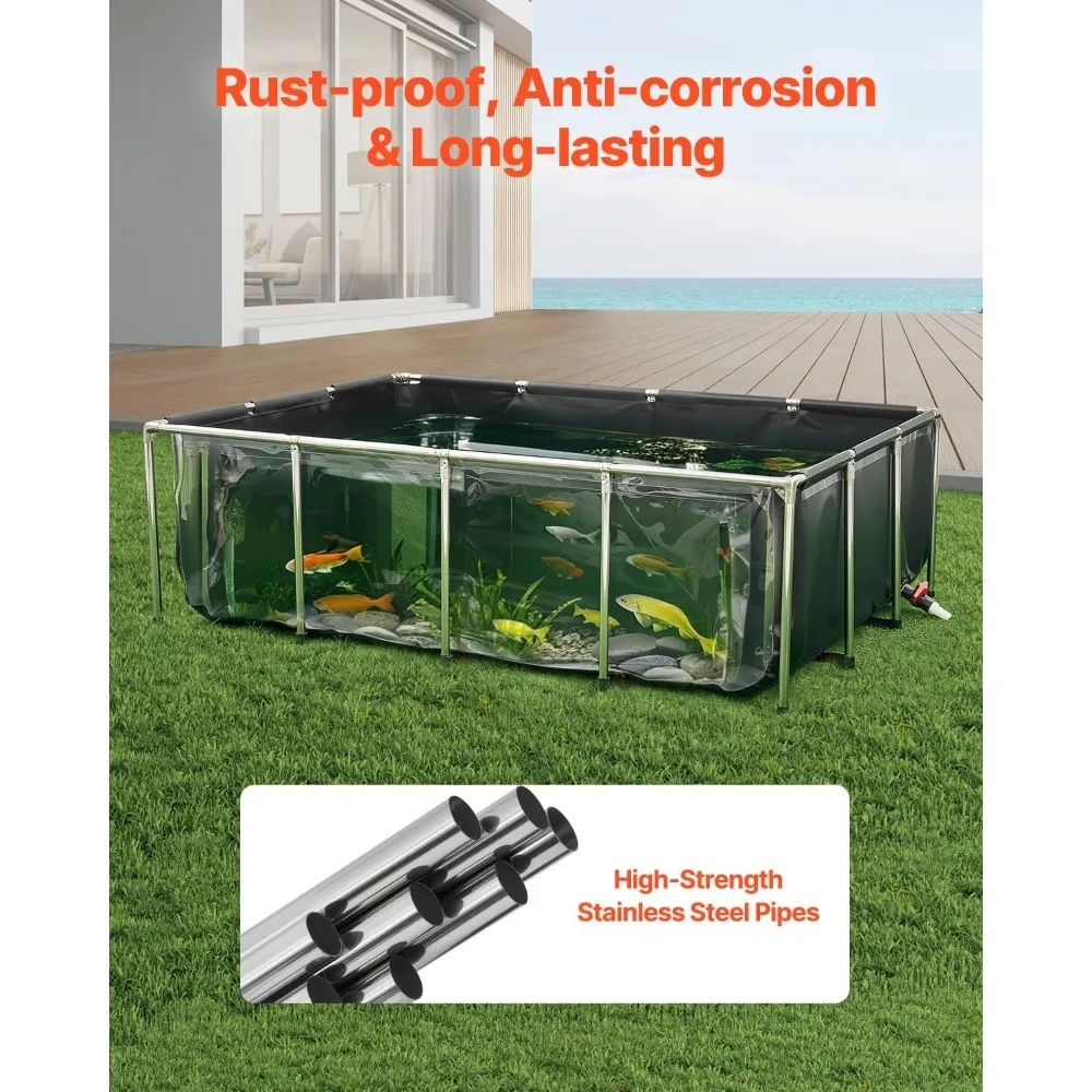 470 Gal Above Ground PVC Koi Pond with Viewing Window, Rectangular Goldfish Tank Stainless Steel Frame Drain Valve for
