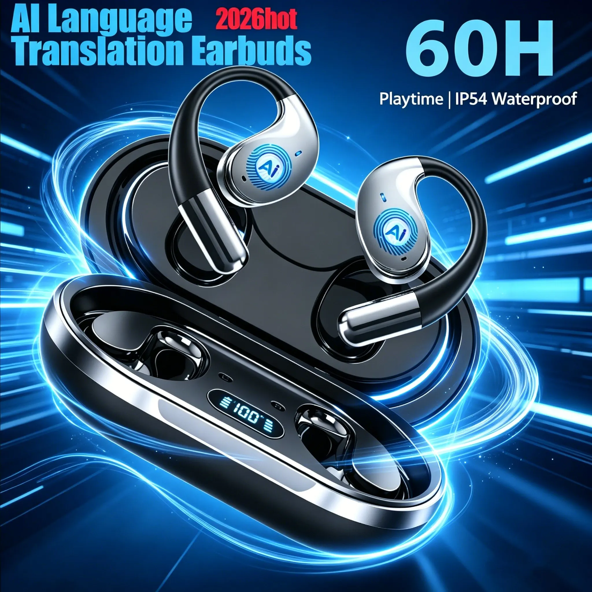 Wireless Bluetooth Translation Headphones Instant 144-Language Translator Smart Voice Real-Time Earbuds for Travel