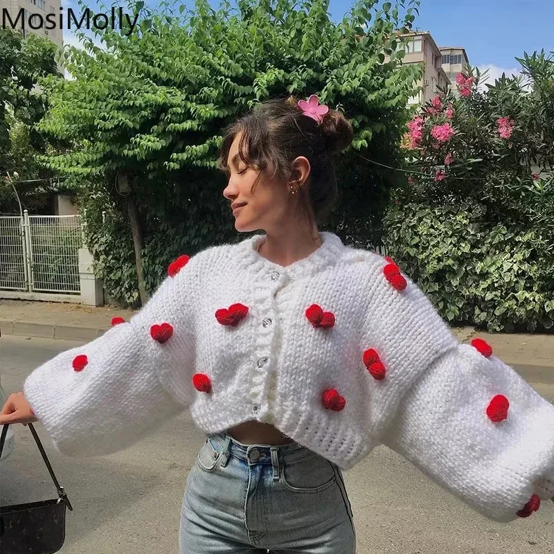 MosiMolly Handmade Heart Sweater Cardigan Women Rhinestone Button Women Cardigan Sweater Jumper Soft Warm Sweater Winter 2022