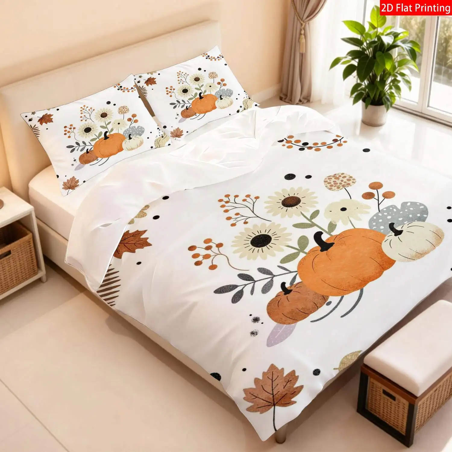 The Latest Printed Quilt Cover Set, 2D Flat Autumn Bedspread, Suitable for Various Occasions, Simple Style with Pumpkin, Sunflower, and Maple Leaf Prints, Warm Bedroom Decor, Three-Piece Quilt Cover Set, Suitable for All Seasons, Machine Washable, Invisible Zipper, Large Quilt Cover Set, Bedding Set, Quilt Cover