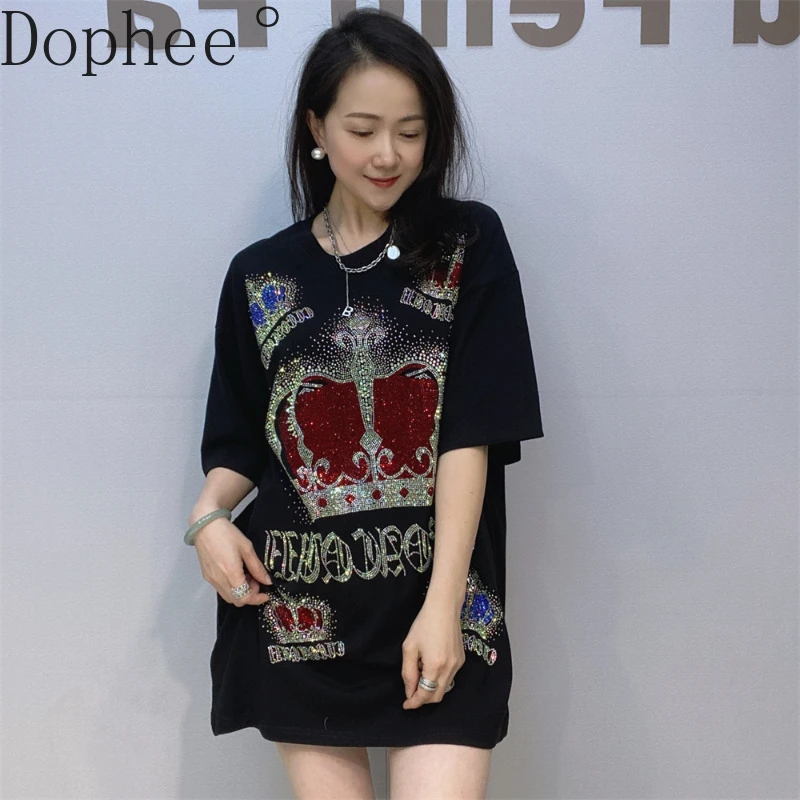 

2025 New Summer Loose Women Short Sleeve T-shirt Shiny Crown Hot Drilling Oversize Pullover Top Mid-long Casual Cotton Basic Tee