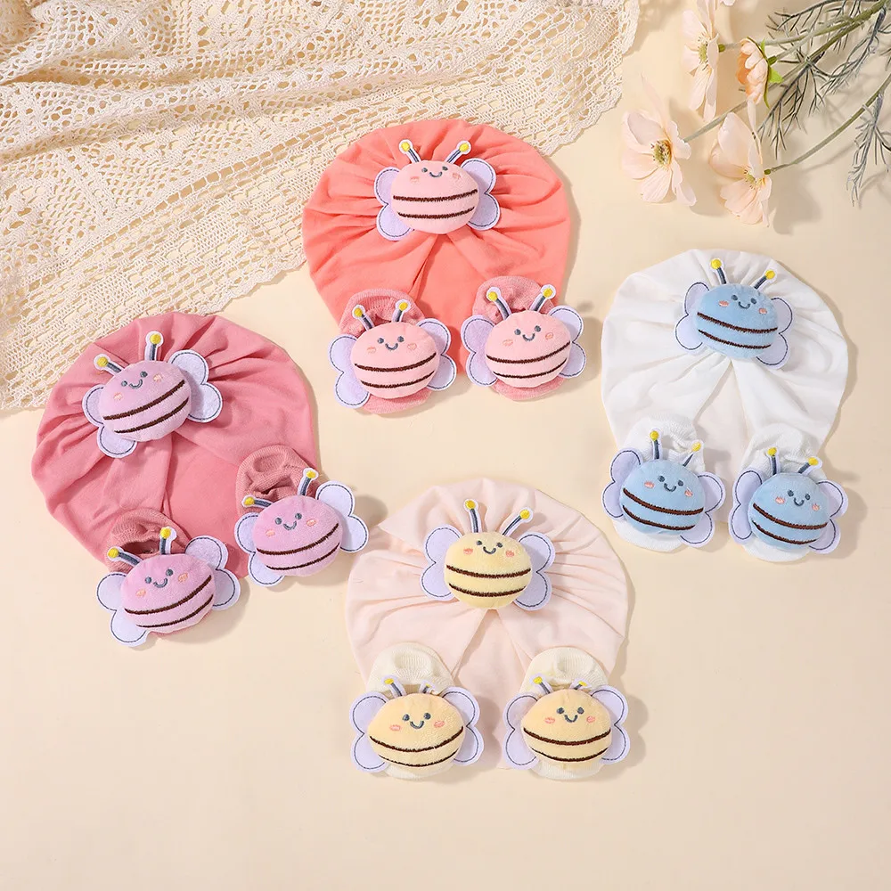 3-teiliges Baby-Cartoon-Bienen-Turban-Mütze-Socken-Set aus weicher Baumwolle, elastisch, rutschfest, Kleinkind-Kopftuch und Schuhe für Neugeborene und Kleinkinder