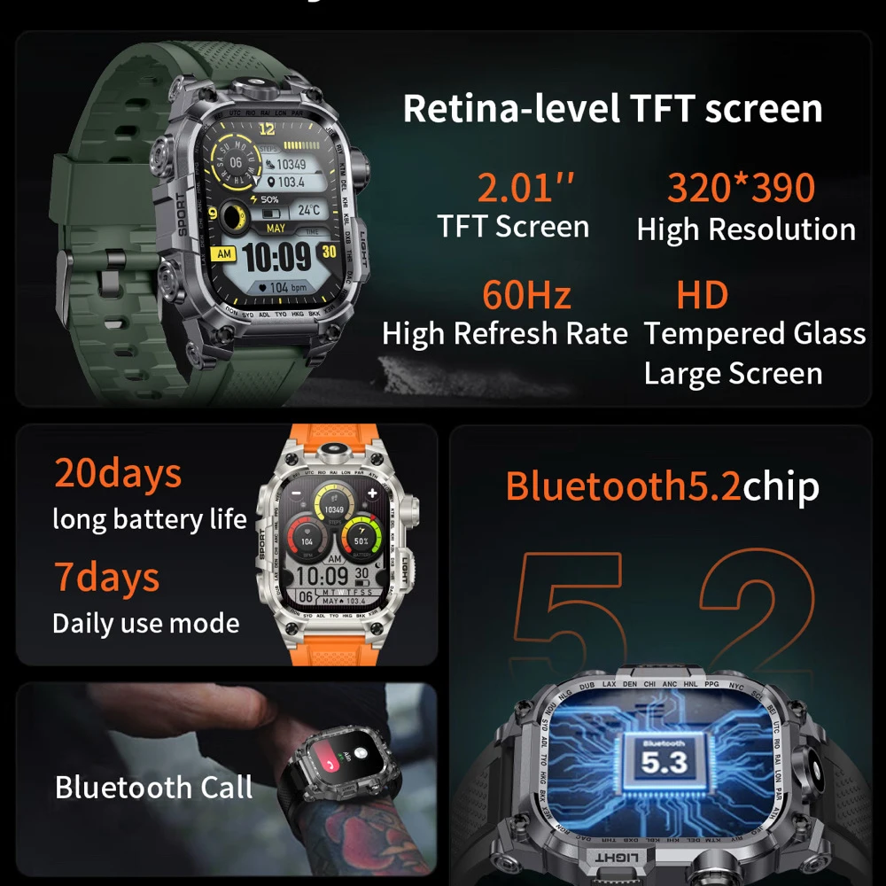 Outdoor Sports Men 2.01" Blue Tooth Call Smartwatch Flashlight 650mAh Sleep Health Monitor Waterproof Smart Watches Women Music