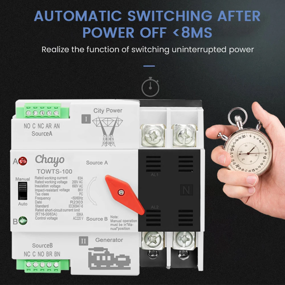 Din Rail 2P 3P 4P ATS Dual Power Automatic Transfer Switch Electrical Selector Switches Uninterrupted Power 63A 100A TONGOU Mini