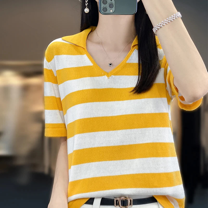 

womans clothing 2024V-neck turtleneck cotton turtleneck striped sweater slim short-sleeved sweater knitwear Korean fashion