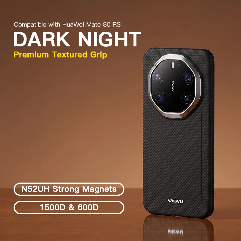 WKWU Dark Night for Huawei Mate 80 RS, Aramid Fiber Case, Magnetic, Slim Fit, Chrome Camera Ring, Black Grey Woven Cover