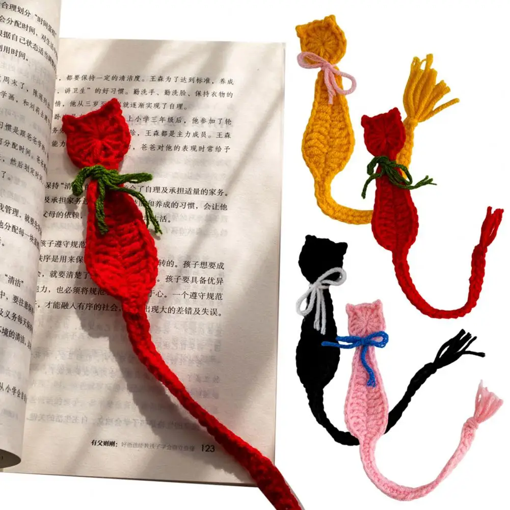 Penanda halaman Wool Cat Bookmark buatan tangan Crochet Cat Bookmark dengan warna cerah Bowknot dekorasi pengerjaan halus halaman Marker