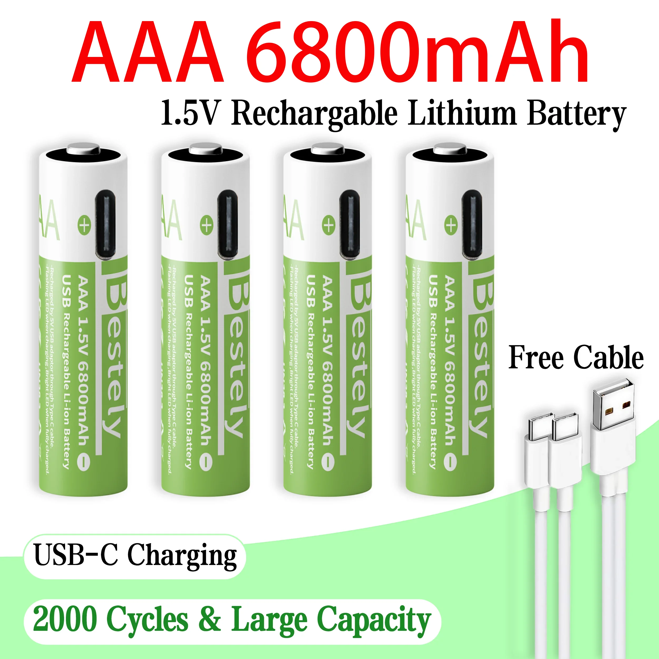 

New 1.5V AAA 6800mAh Type-C Li-ion Rechargeable Battery 2000+ Cycles Type-C Charging Triple Safety Long-Lasting Power Batteries