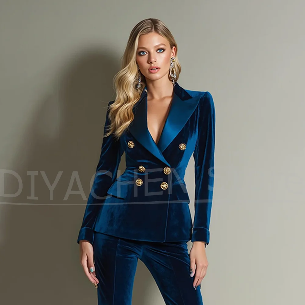 

Fashion Velvet Women Suit Satin Peak Lapel Double Breasted Gold Button Outfit Evening Party Wedding Blazer and Flare Pants