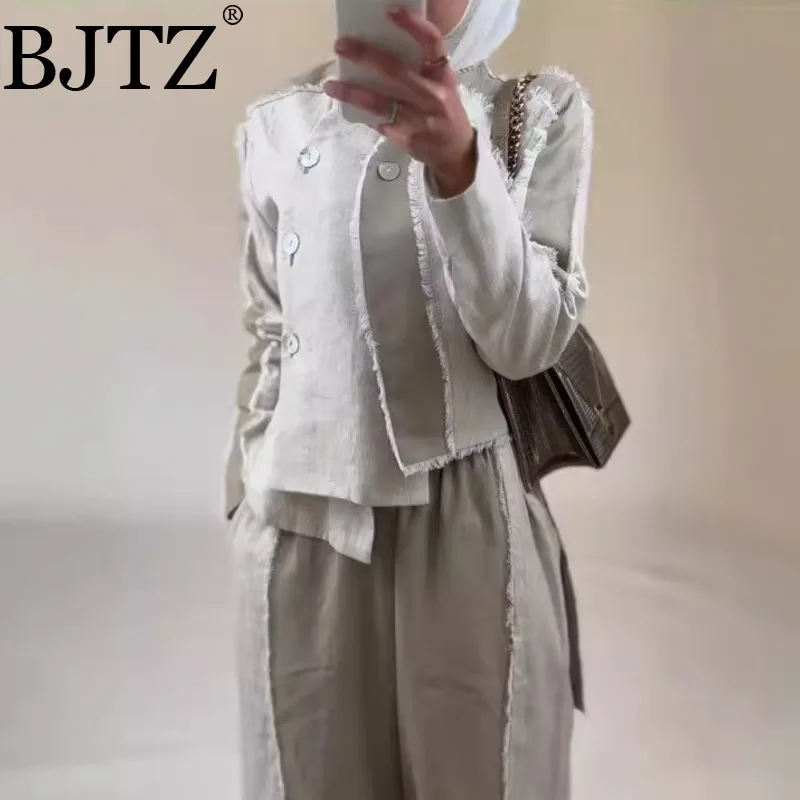 

BJTZ Personalized Trendy Fringed Design Jacket, Autumn New Front Short, Back Long, Contrasting Color Splicing Irregular Top