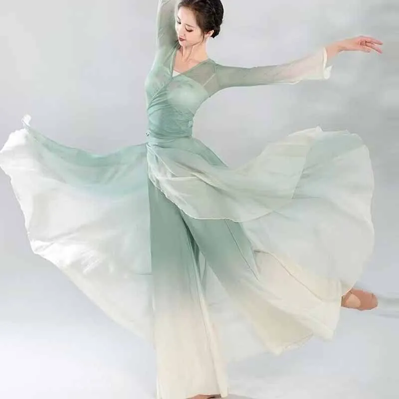 Trajes de actuación de bailarina clásica, cárdigan elegante, ropa de práctica, Rima corporal larga, gasa exterior, estilo chino, baile folclórico