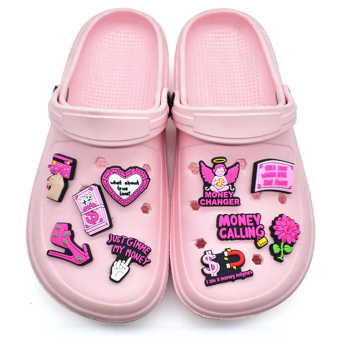 New Product Edgy Pink Black Cash Themed soft PVC detachable shoe charms decorative pins for hole clogs footwear accessories