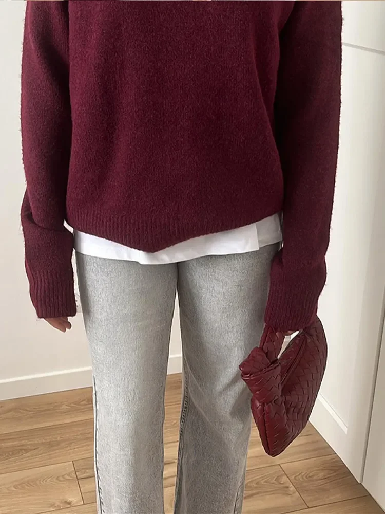 2024 New Woman Burgundy Color Knit Pullover Fashion O Neck Long Sleeve Sweater Autumn Winter Female Commute Chic Warm Pullovers