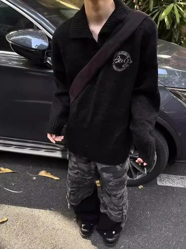 

Loose Fit Lazy Sle ey Knitted Sweater Collared Embroidered Men's Women's Couples Outerwear Comfortable Breathable Long Sl...