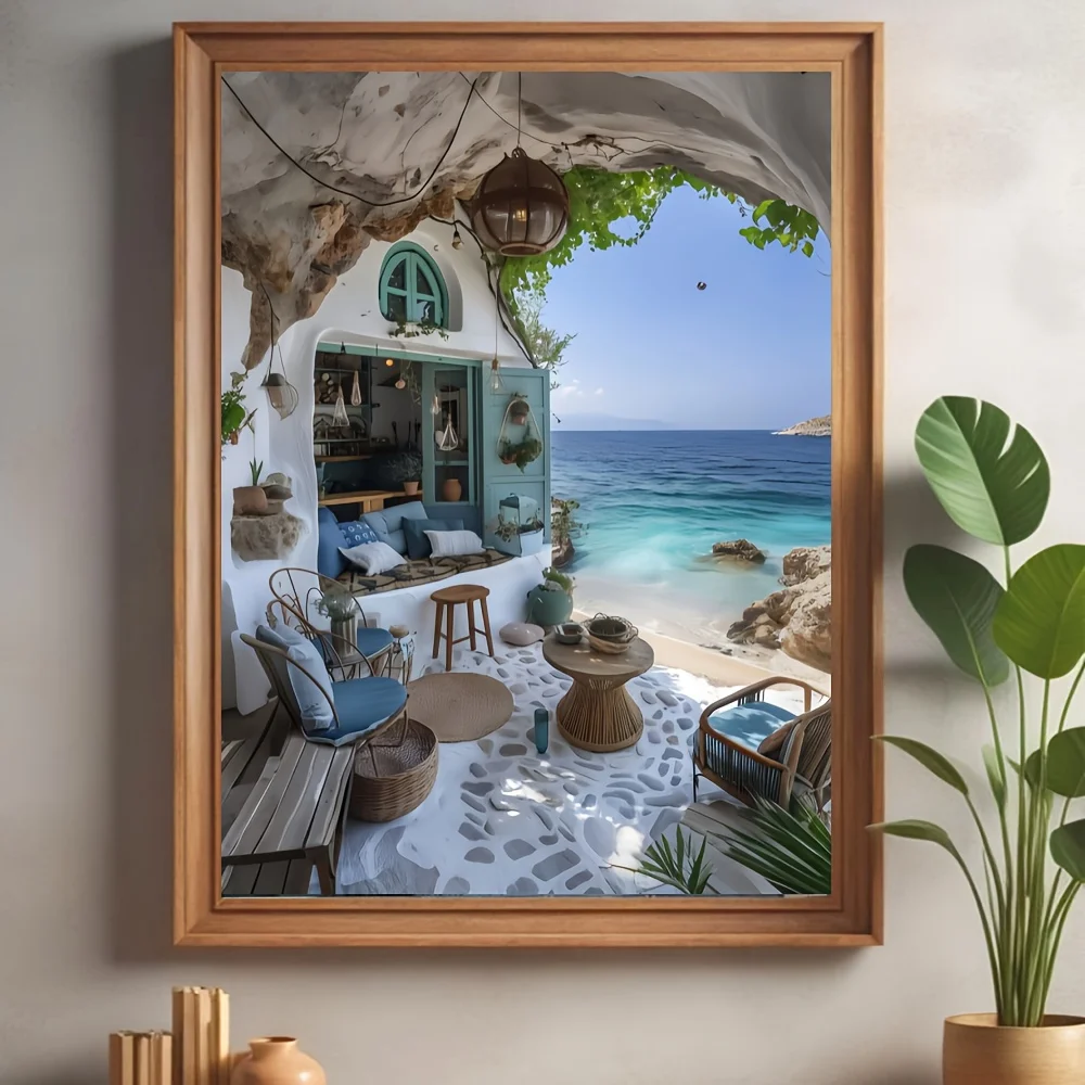 500pcs or 1000pcs Seaside Leisure Nook Jigsaw Puzzle - Mediterranean Beach House with White & Blue Coastal Scene, Challenging