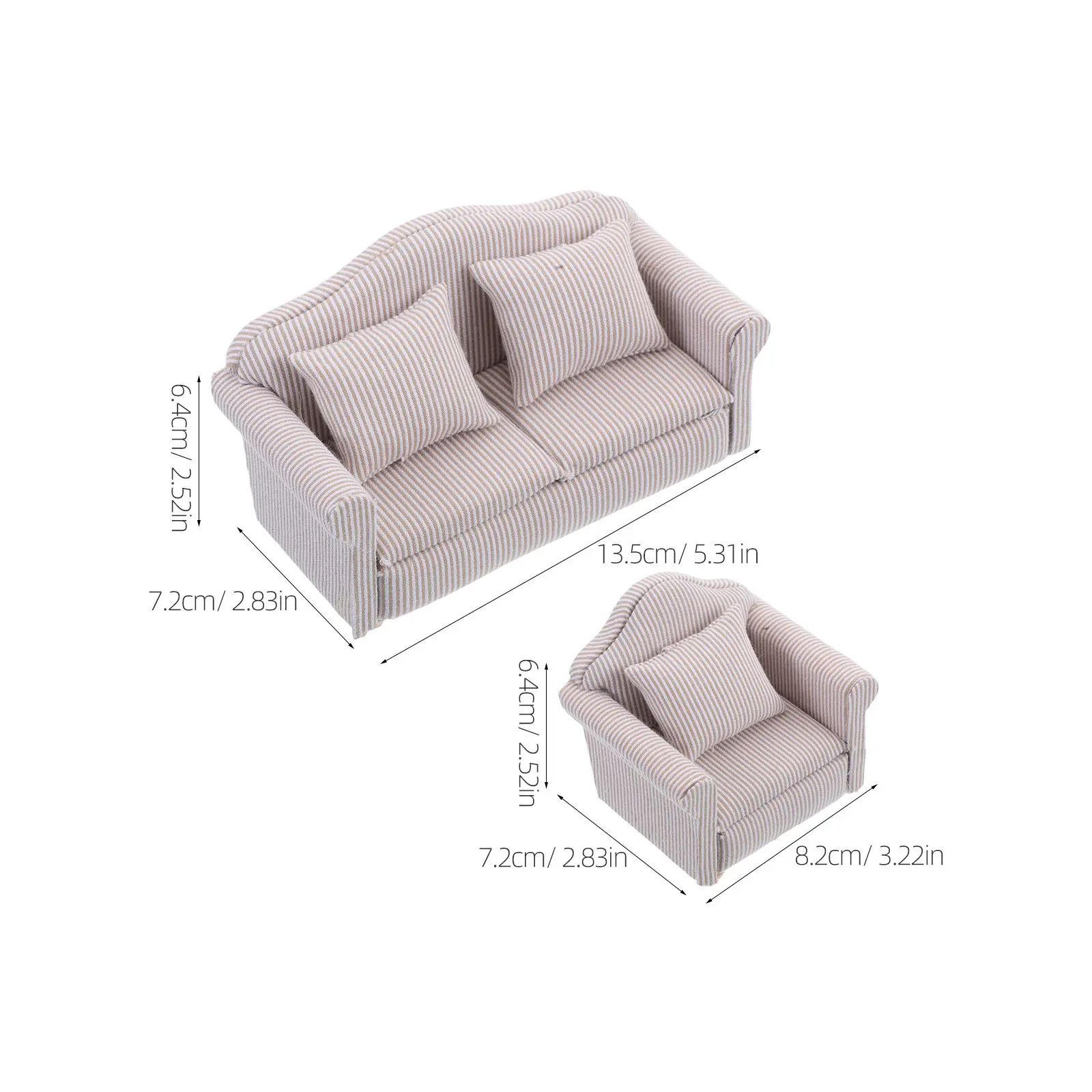Miniature Dollhouse Sofa Armchair Set 2Pcs Pink Fabric Upholstered Wooden Living Room Furniture with Pillows